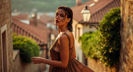 A woman in a brown dress standing in a narrow European streetの素材