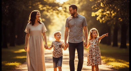 A happy family of four walking together on a sunny path in the parkの素材