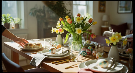 A beautifully set Easter table with flowers and decorated eggs in a bright dining roomの素材