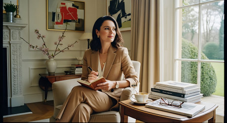 A professional woman taking notes in a cozy living room with a window viewの素材