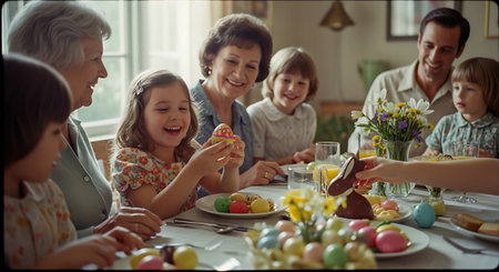 A multi-generational family enjoys a festive Easter dinner together at homeの素材