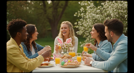 A group of friends enjoying a festive Easter meal together outdoorsの素材