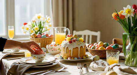 A festive Easter table setting with a cake and colorful eggsの素材