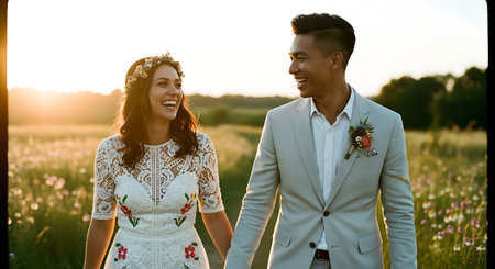 A happy couple walking hand in hand through a beautiful field at sunsetの素材