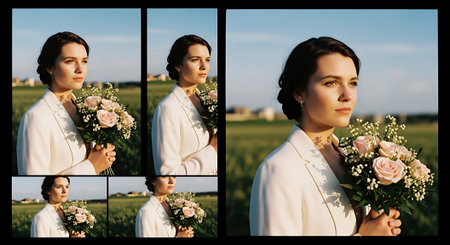 A woman in a white jacket holding a bouquet of flowers in a fieldの素材
