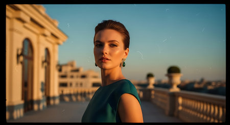 A beautiful woman in a green dress standing on a balcony overlooking the cityの素材