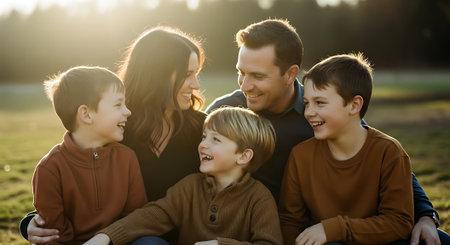 A happy family of five sitting together in a green field at sunsetの素材