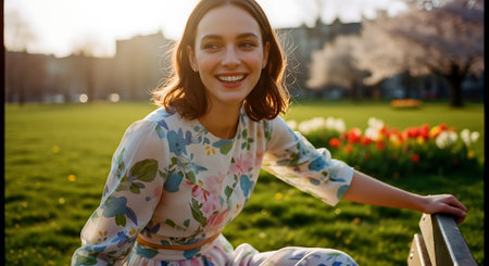 A young woman sitting on a fence in a park with tulipsの素材