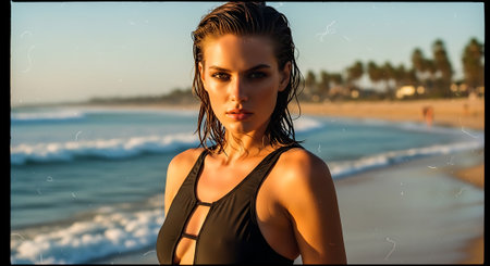 A beautiful woman in a black swimsuit standing on a sunny beachの素材