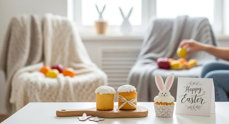 A festive Easter scene with cupcakes and a happy Easter signの素材