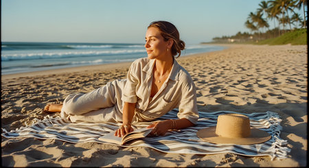 A woman relaxing on a beach with a book and a hatの素材