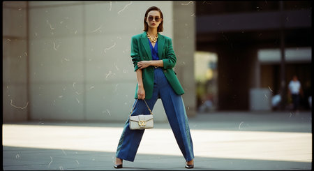 A stylish woman wearing a green blazer and blue jeans poses confidently in a city settingの素材