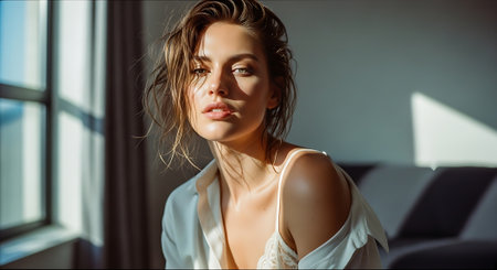 A beautiful woman in a white shirt sitting by a window with natural lightの素材