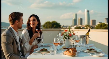 A romantic couple enjoying a fine dining experience on a rooftop with a city skyline viewの素材