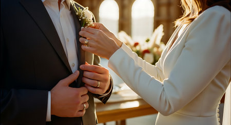 A bride helping the groom with his boutonniere on their wedding dayの素材
