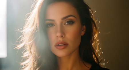 A beautiful woman with long hair and makeup looking directly at cameraの素材