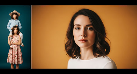 A young woman poses with her sister in a studio setting with colorful backgroundsの素材