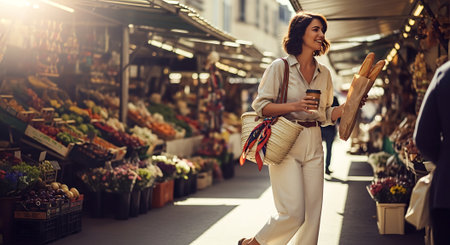 A woman shopping for fresh produce and bread at an outdoor marketの素材