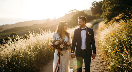 A happy couple in love walking hand in hand on a beautiful sunny dayの素材