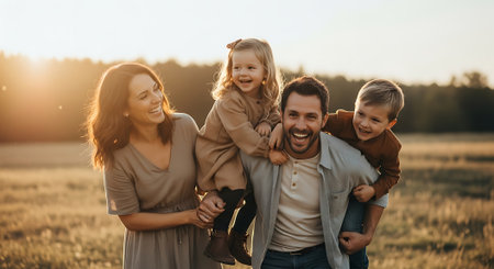 A happy family of four enjoying a sunny day in a beautiful fieldの素材