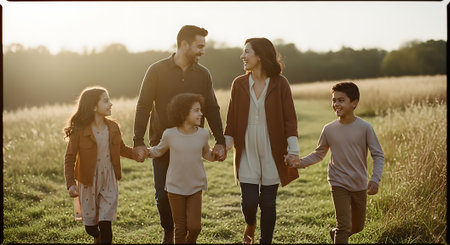 A happy family of five walking hand in hand through a green fieldの素材
