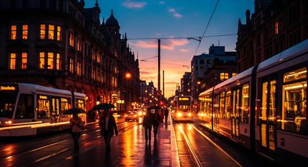 A city street at dusk with people walking and trams passing byの素材