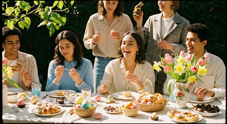 A group of friends enjoying a festive Easter meal together outdoorsの素材