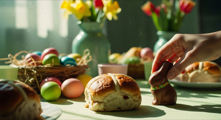 A hand placing a chocolate bunny on a table with Easter eggs and hot cross bunsの素材