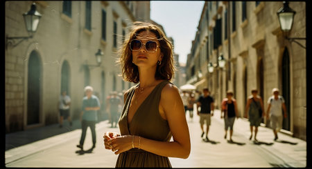 A stylish woman wearing sunglasses walks down a historic city streetの素材