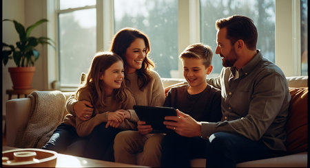 A happy family of four sitting on a couch together using a tabletの素材