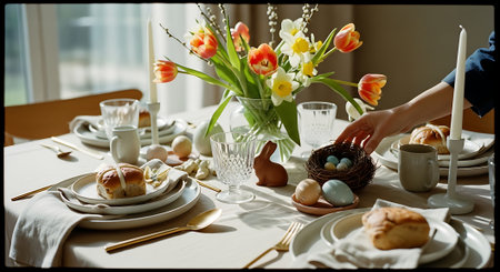 A beautifully set Easter table with a vase of tulips and a hand placing decorated eggs in a nestの素材