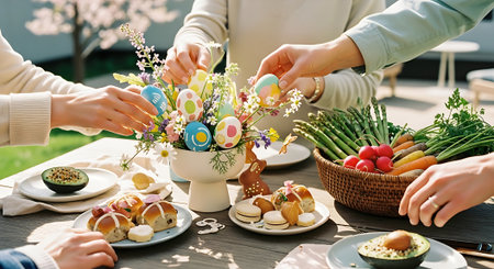 A group of people decorating Easter eggs at an outdoor tableの素材