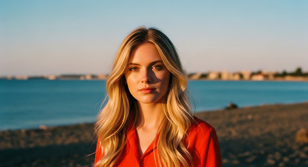 A young woman with long blonde hair standing on a rocky beach by the oceanの素材