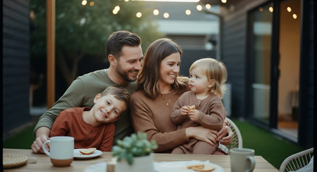 A happy family of four enjoying a meal together outdoors in the eveningの素材