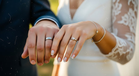 A bride and groom show off their wedding rings on their handsの素材