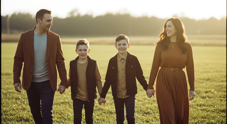 A happy family of four walking hand in hand through a green field at sunsetの素材