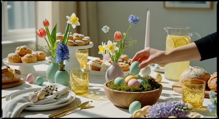 A beautifully set Easter table with colorful eggs and flowersの素材