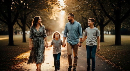 A happy family of four walking hand in hand on a tree-lined pathの素材