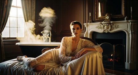 A woman in a luxurious white dress sitting on a bed in a lavish room with a fireplace and steaming bathtubの素材