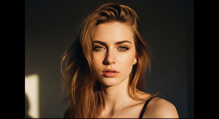 A beautiful young woman with long brown hair and a subtle smileの素材