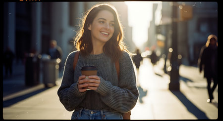 A young woman walking down a city street with a coffee cupの素材