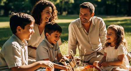 A happy family enjoying a picnic together in a park on a sunny dayの素材