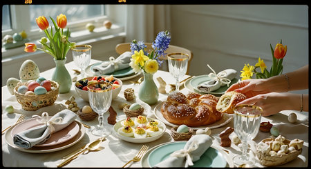 A beautifully set Easter table with food and flowers in a bright roomの素材