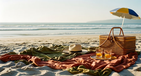 A serene beach picnic setup with a wicker basket and colorful umbrellaの素材