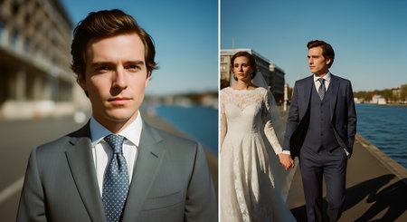 A handsome couple in formal attire walking by the water on a sunny dayの素材