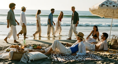 A group of friends enjoying a picnic on a beautiful beach at sunsetの素材