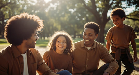 A happy family of four enjoying quality time together outdoors in a parkの素材
