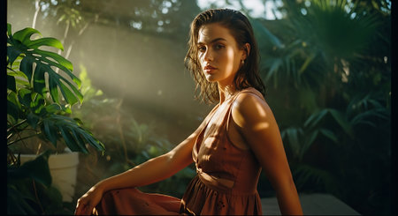 A serene woman sitting in a lush garden surrounded by greenery and sunlightの素材