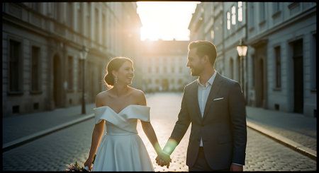 A happy couple in love walking hand in hand on a city streetの素材