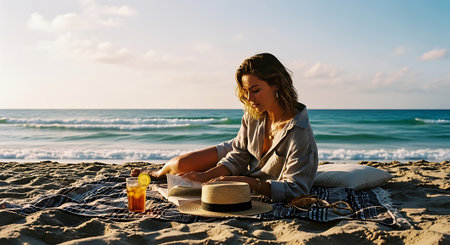A woman enjoying a relaxing beach picnic at sunset with a refreshing drinkの素材